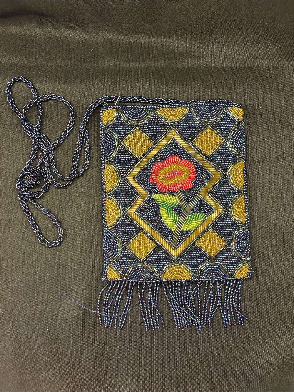Beaded Floral Crossbody Bag in Navy and Yellow by Ermo
